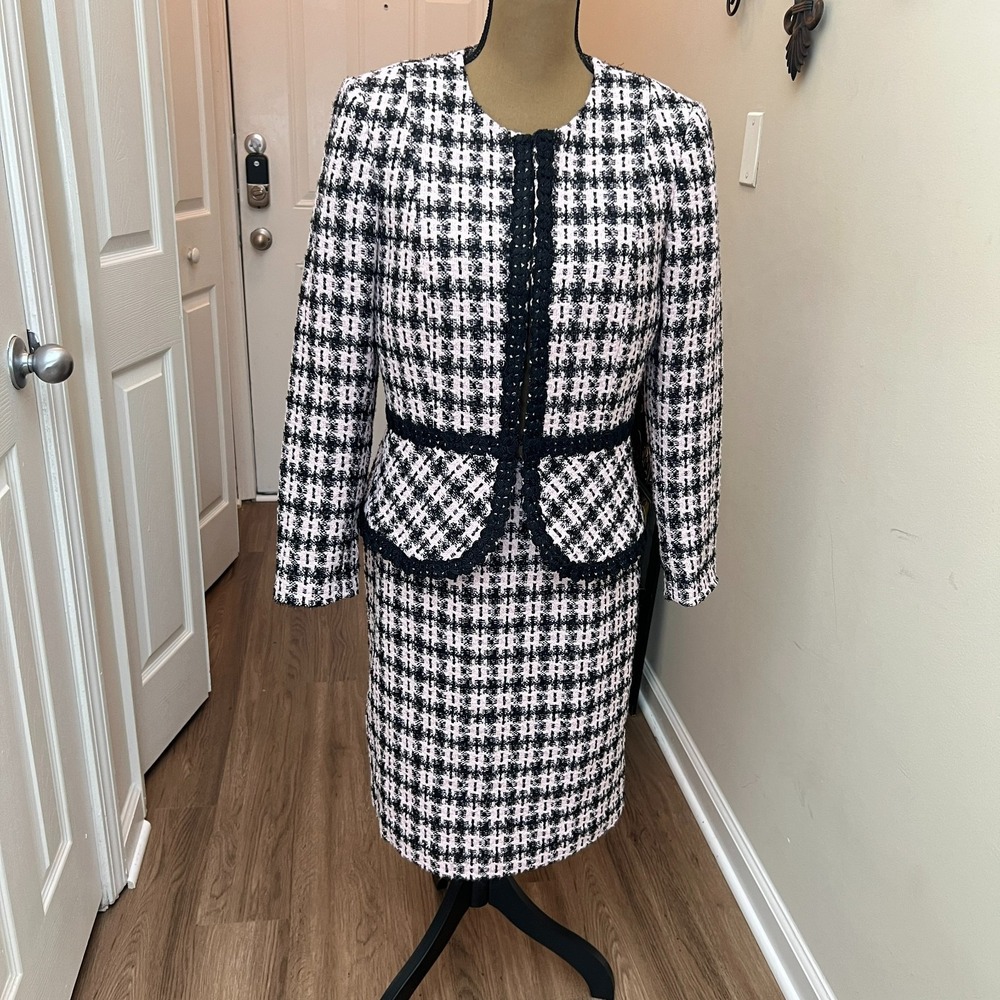 Tahari Arthur S. Levine Tweed Look Skirt Suit Jacket 8 Pencil Skirt 6 Pink Black - Picture 2 of 14